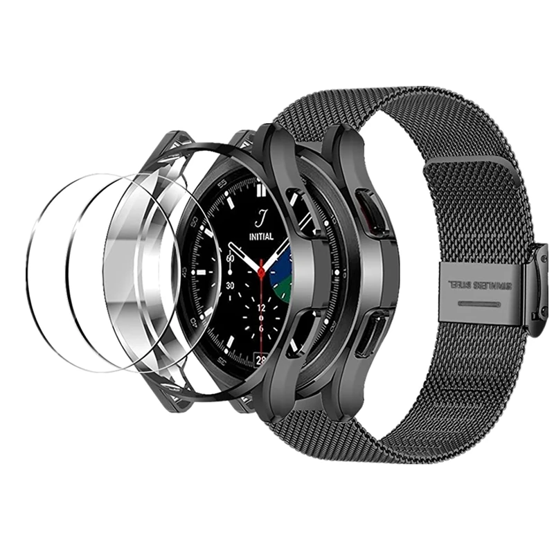 

2pcsTempered Glass+Case for Samsung Galaxy Watch 4 Classic 46mm 42mm Stainless Steel Strap for Galaxy Watch 3 45mm 41mm Bracelet
