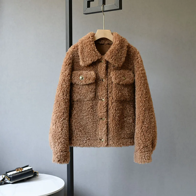 

2022 Women Elegant Natural Lamb Fur Jackets Female Fashion Single-breasted Genuine Fur Coats Warm Soft Overcoats Outerwear C75