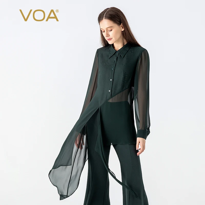 

VOA 100% чистый шелк тутового шелкопряда Зеленый жаккардовый воротник поло длинный рукав однобортный сплайсинга жоржет прямая Длинная рубашк...