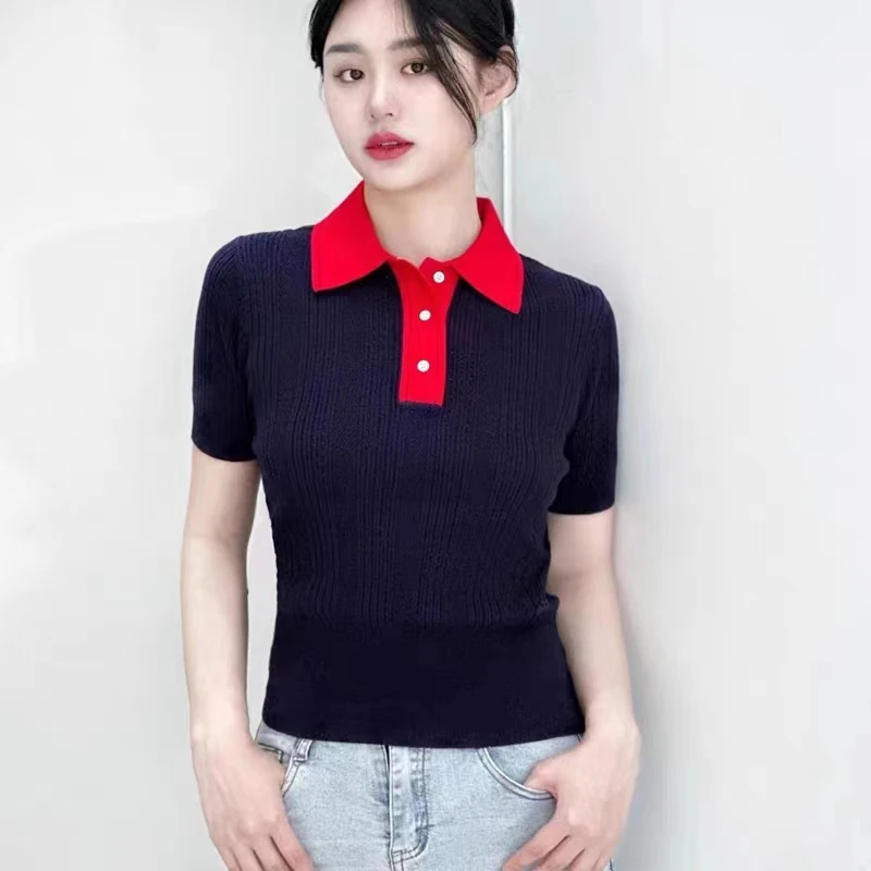 

Летняя женская цветная контрастная трикотажная футболка с коротким рукавом и вырезами, тонкая стильная шелковая футболка, пуловер