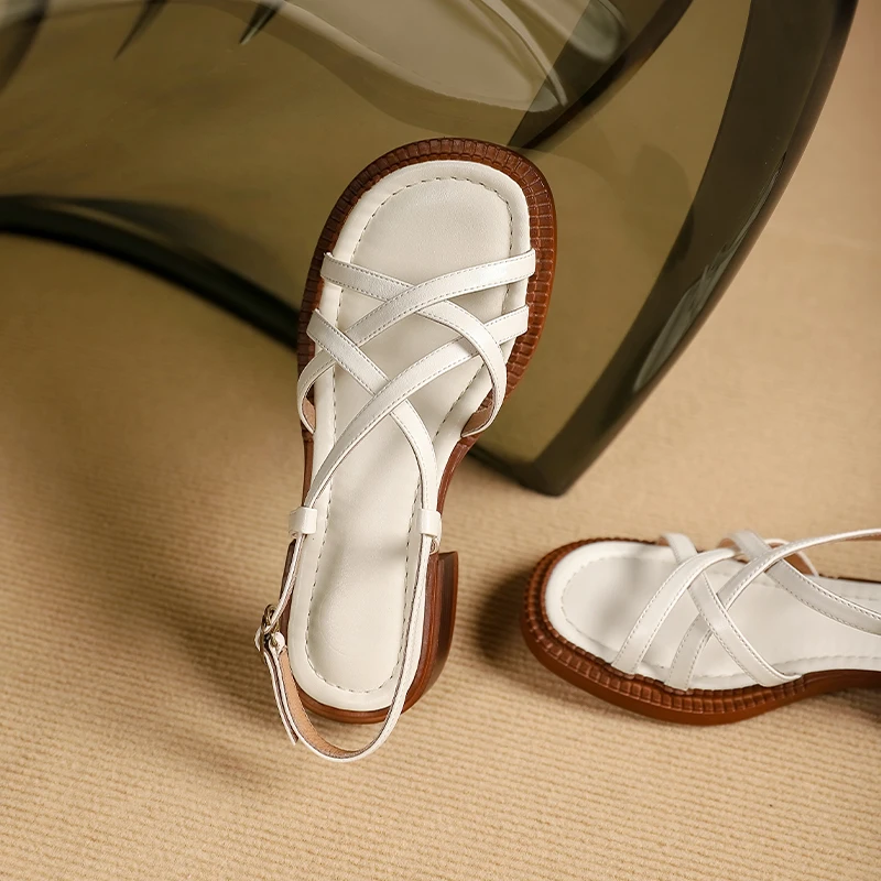 Женские босоножки из натуральной кожи QUTAA черные повседневные на толстом низком