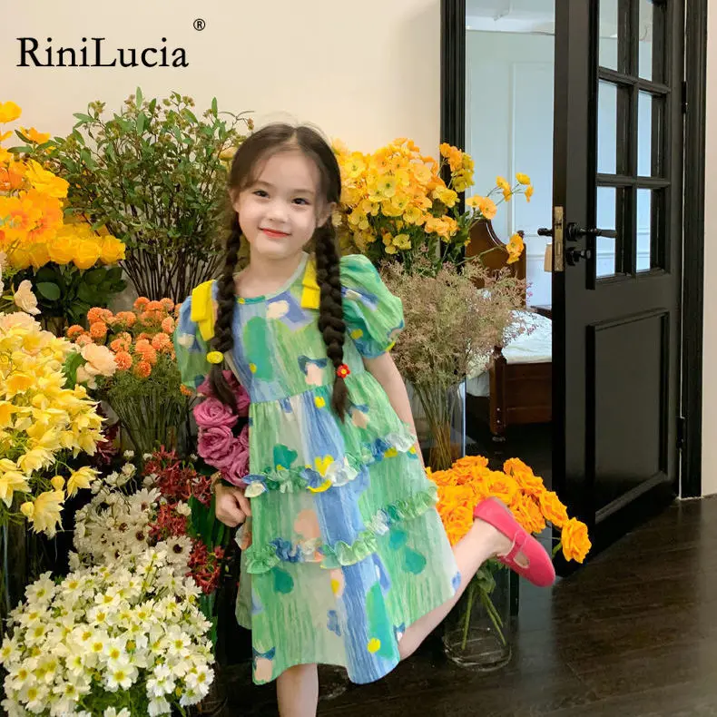 

RiniLucia Summer Painting Kids Clothes Girls Casual Puff Children Dresses for Teens Party Fairy Princess Sundress Ball Gown