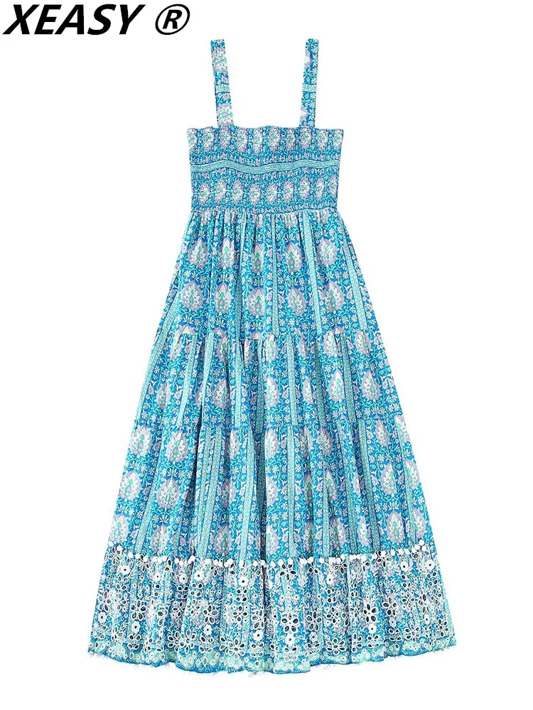 

XEASY Casual Dresses For Women 2022 Vintage Midi Dress Women Clothing Slip Dress Printing Embroidery