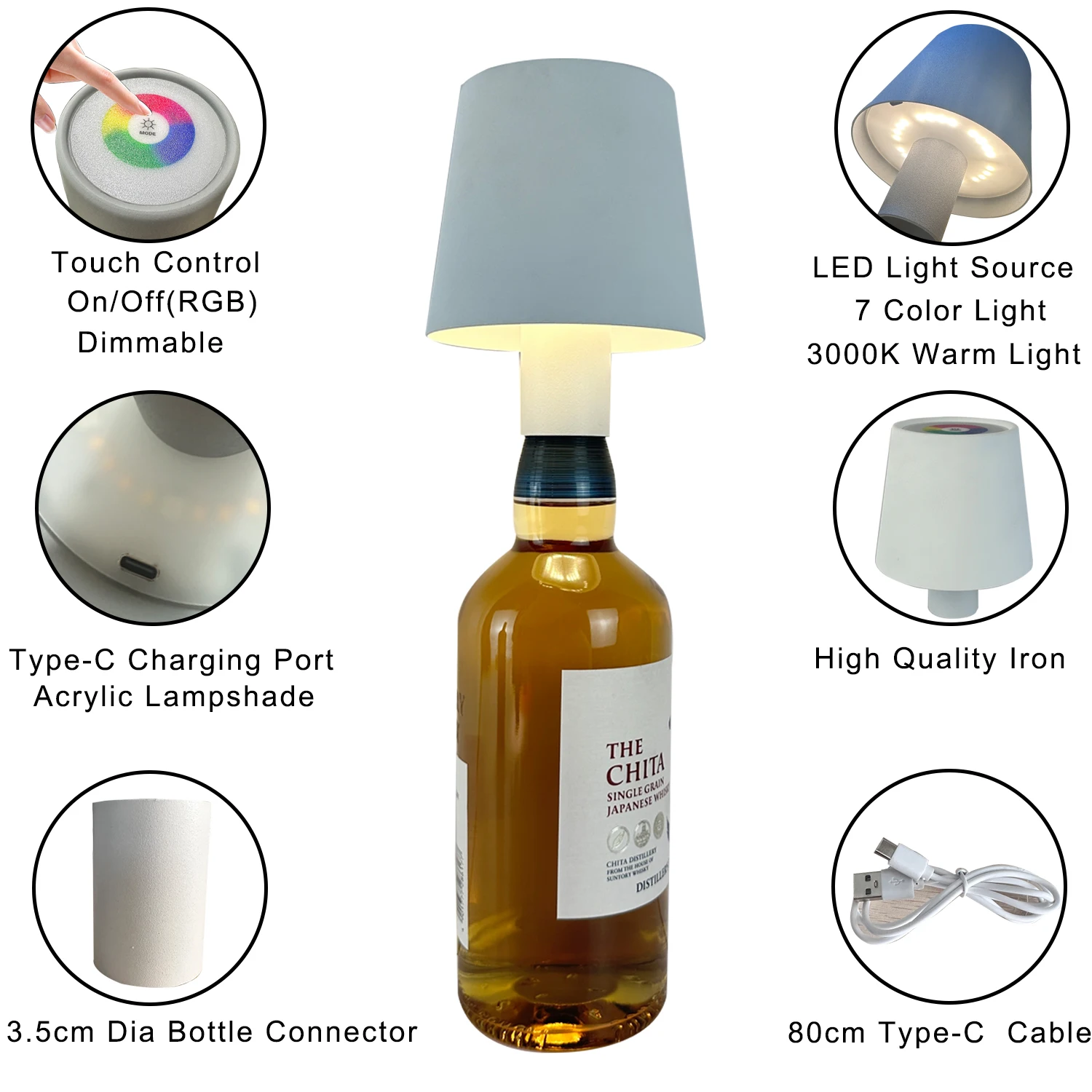 Перезаряжаемая лампа для бутылки с регулируемой яркостью и сенсорным