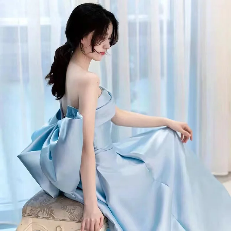 

Fashion Blue Satin Evening Dresses Strapless A-Line Off The Shoulder Court Train Formal Long Wedding Party Gowns Robe De Soiree