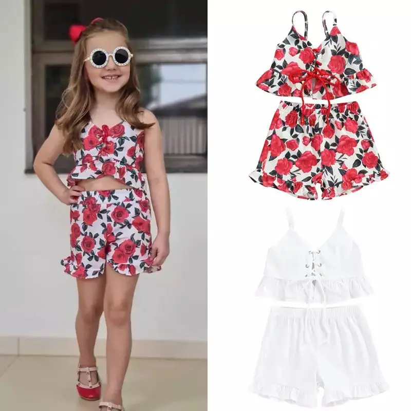 

Летняя одежда для девочек 1-5 лет, комплект из 2 предметов, топ без рукавов с V-образным вырезом и бандажная майка + эластичные шорты с оборками,...