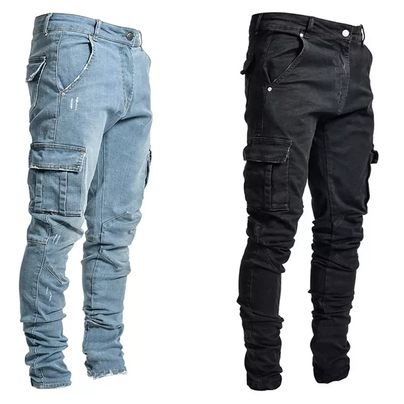 

2022NEW Men Pants Casual Cotton Denim Trousers Multi Pocket Cargo Jeans Men New Fashion Denim Pencil Pants Side Pockets Cargo