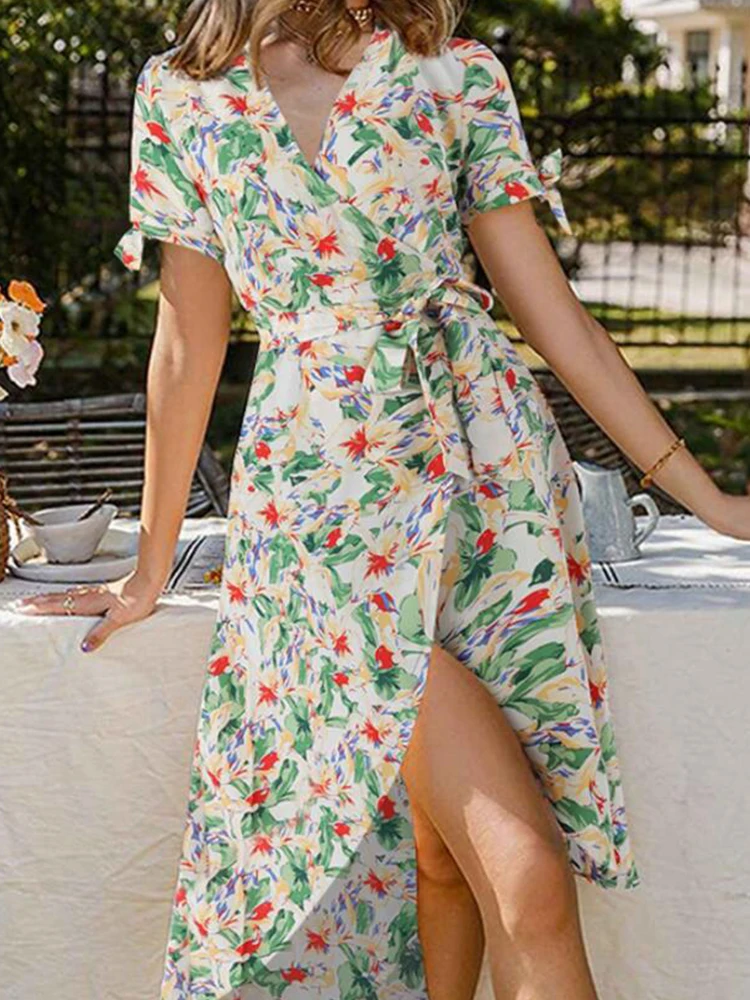 

Летнее элегантное Асимметричное Платье Бохо С V-образным вырезом, женское модное платье средней длины с цветочным принтом, повседневные пра...