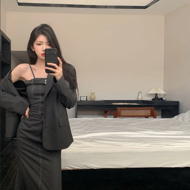 Острые весенне-летние платья для девочек, модный костюм с длинным рукавом, пальто и облегающие платья-комбинации, сексуальные комплекты из двух предметов для зрелых женщин