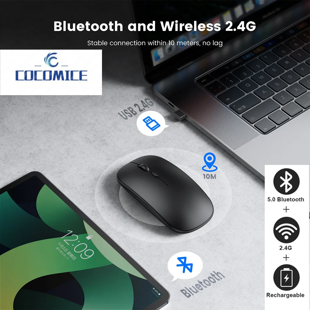 

Мышь Компьютерная аккумуляторная беспроводная с поддержкой Bluetooth, 2,4 ГГц