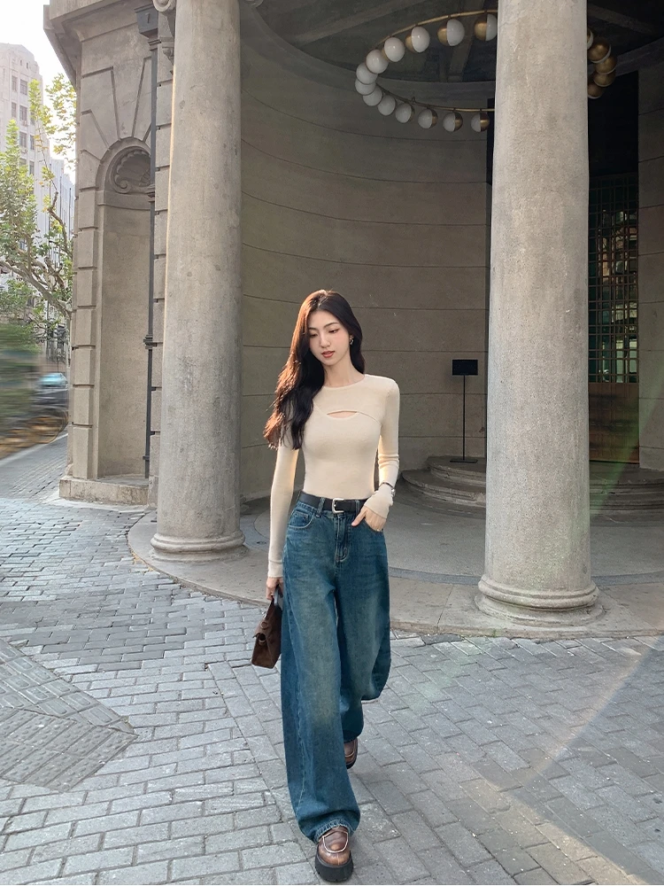 Женский вязаный топ Mulvan Design Sense 2024 осень и зима новый облегающий для похудения