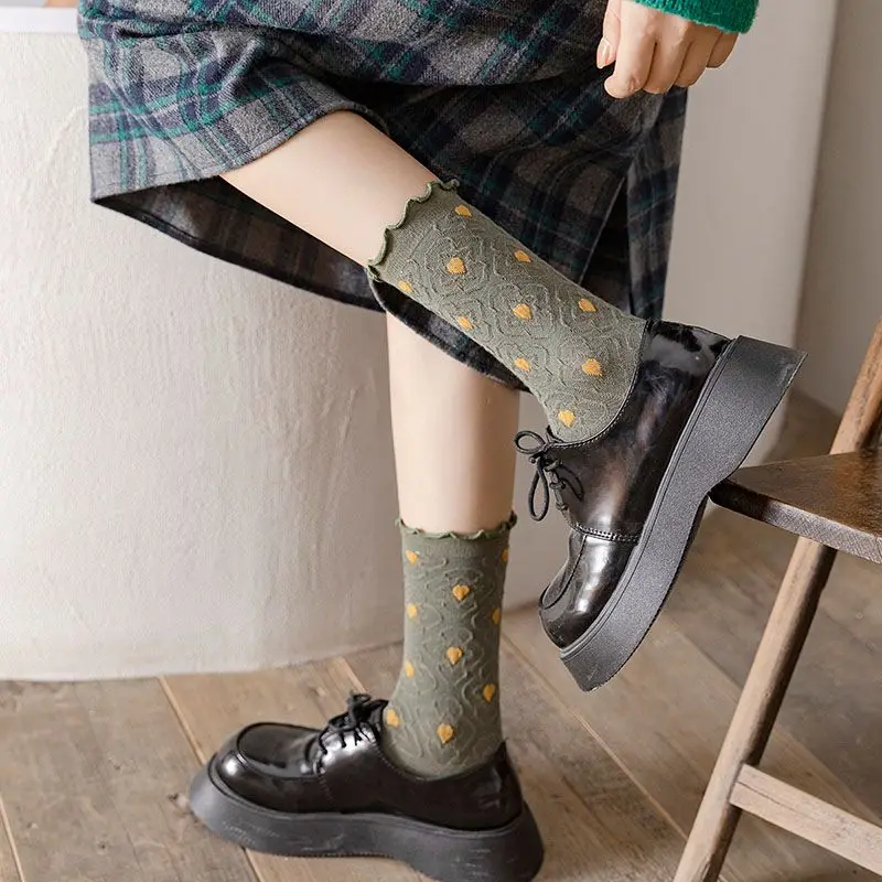 5 Pair Crimping Flowers Long Autumn Winter Socks Woman Kawaii Socks Women Breathable Japanese Style Pure Cotton Sock Fashion New