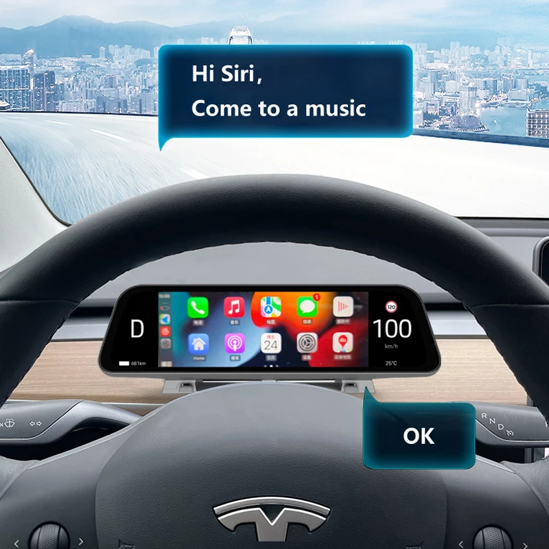 Фото Новый 9,66-дюймовый беспроводной дисплей CarPlay и Android Auto для Tesla Model Y Juniper и Model 3 Highland, умная приборная панель. №5