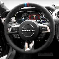 diy customized black suede leather car steering wheel cover grip on wrap for ford mustang