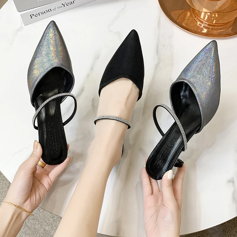 

Женские остроносые шлепанцы Baotou, черные элегантные шлепанцы на высоком каблуке, украшенные стразами, на весну/осень/лето, 2023