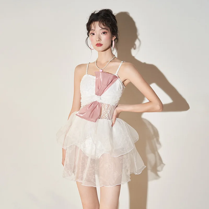 

Monokini Swimwear Women Bikini Sexy White Pink Mush One-piece Suits One Piece Swimsuit with Skirt Bathsuit Swim Dress Dropship