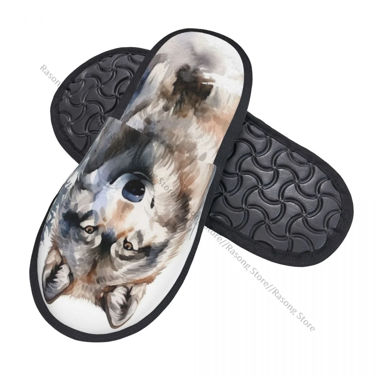Зимние тапочки для женщин и мужчин пушистые теплые домашние с волком в лесу обувь