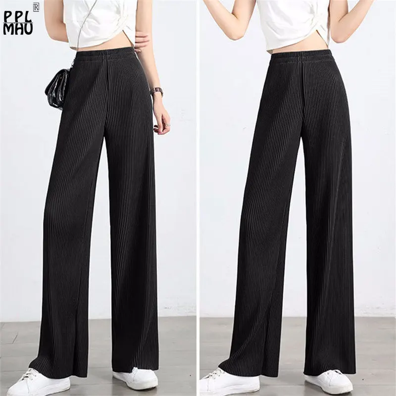 Summer Trendy Baggy Light Silk Long Pants Sweet Fashion Elastic Waist Solid Trousers Casual Ribbed Loose Wide Leg Pants Women