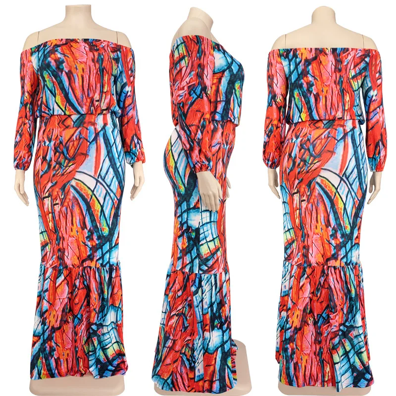 Plus Size Women Sets Off Shoulder Graffiti Print Shirts And Dresses 2022 Autumn Two Piece Sets Fashion Elegant Wholesale Clothes