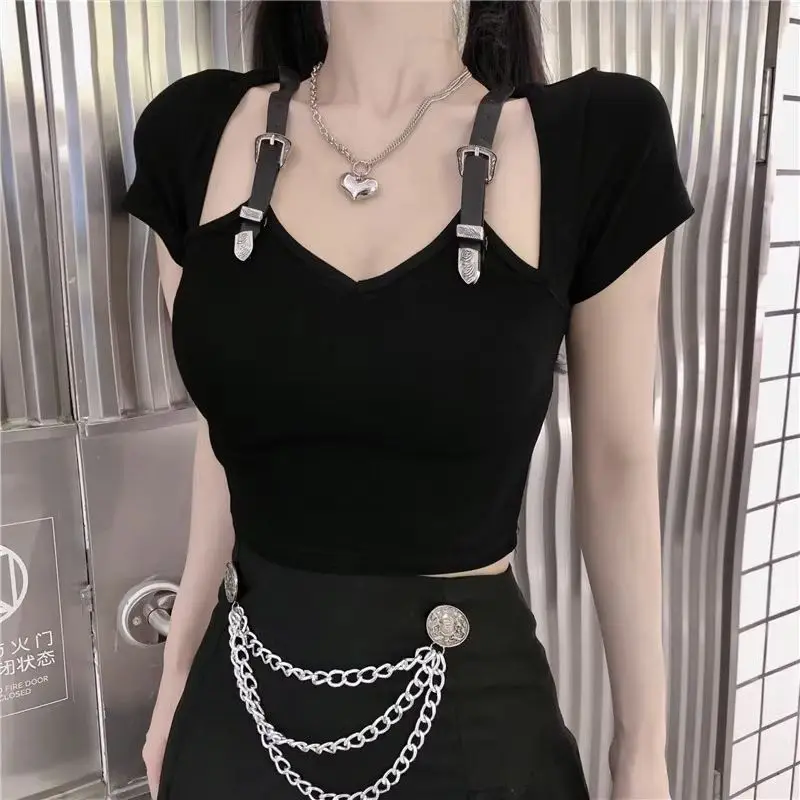 

Y2k Unif Women Belted Design Slim Girls Harajuku Style Women Fashion Short-Sleeved T-shirt Korean Graphic Tees