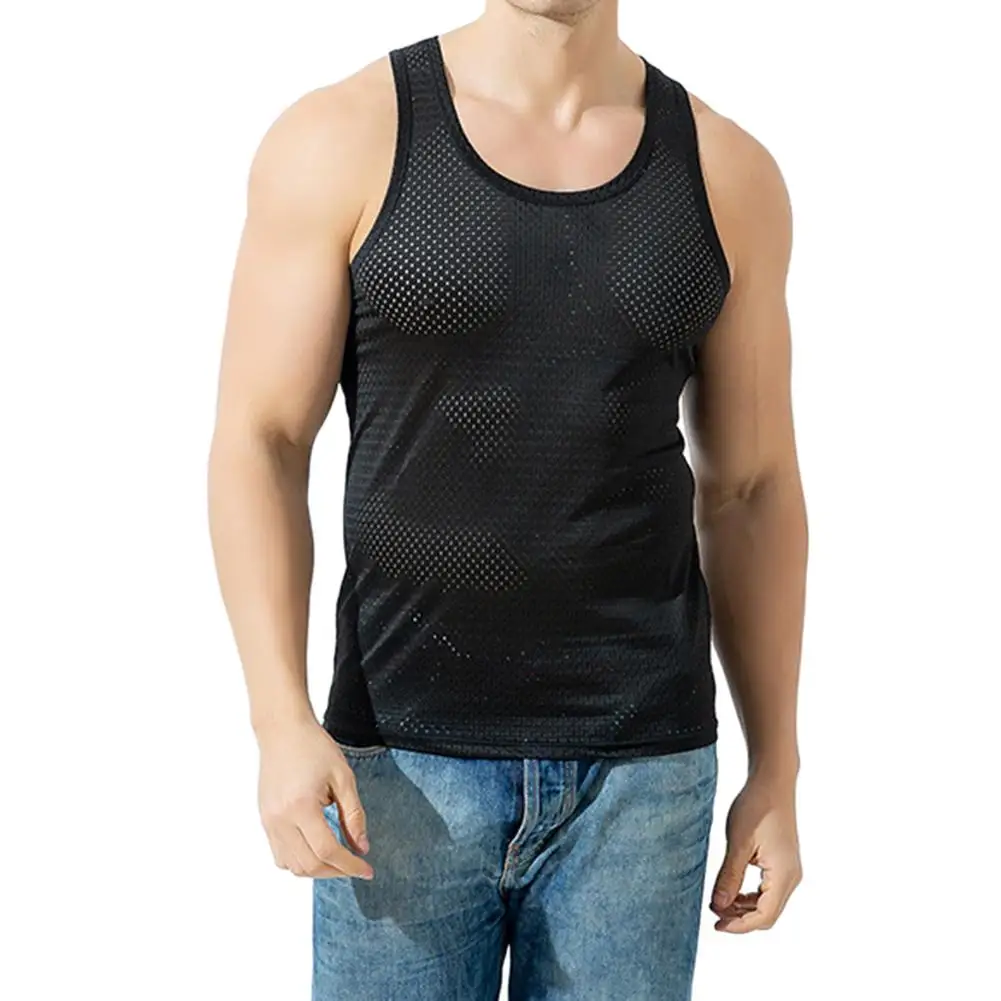 

Новинка лета 2020, мужской спортивный однотонный сетчатый прозрачный топ без рукавов с круглым вырезом, облегающий удобный жилет для трениро...