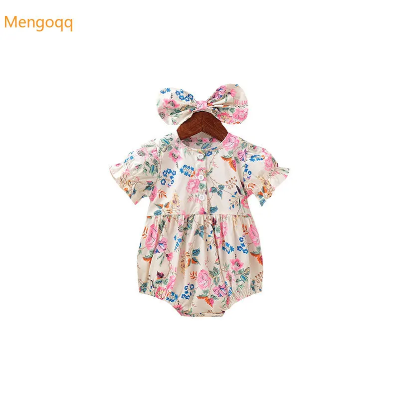 

newborn baby girls summer print flower bodysuits infant jumpsuits+headbands toddler kids clothes sets girl sunsuits 2pcs 0-18M