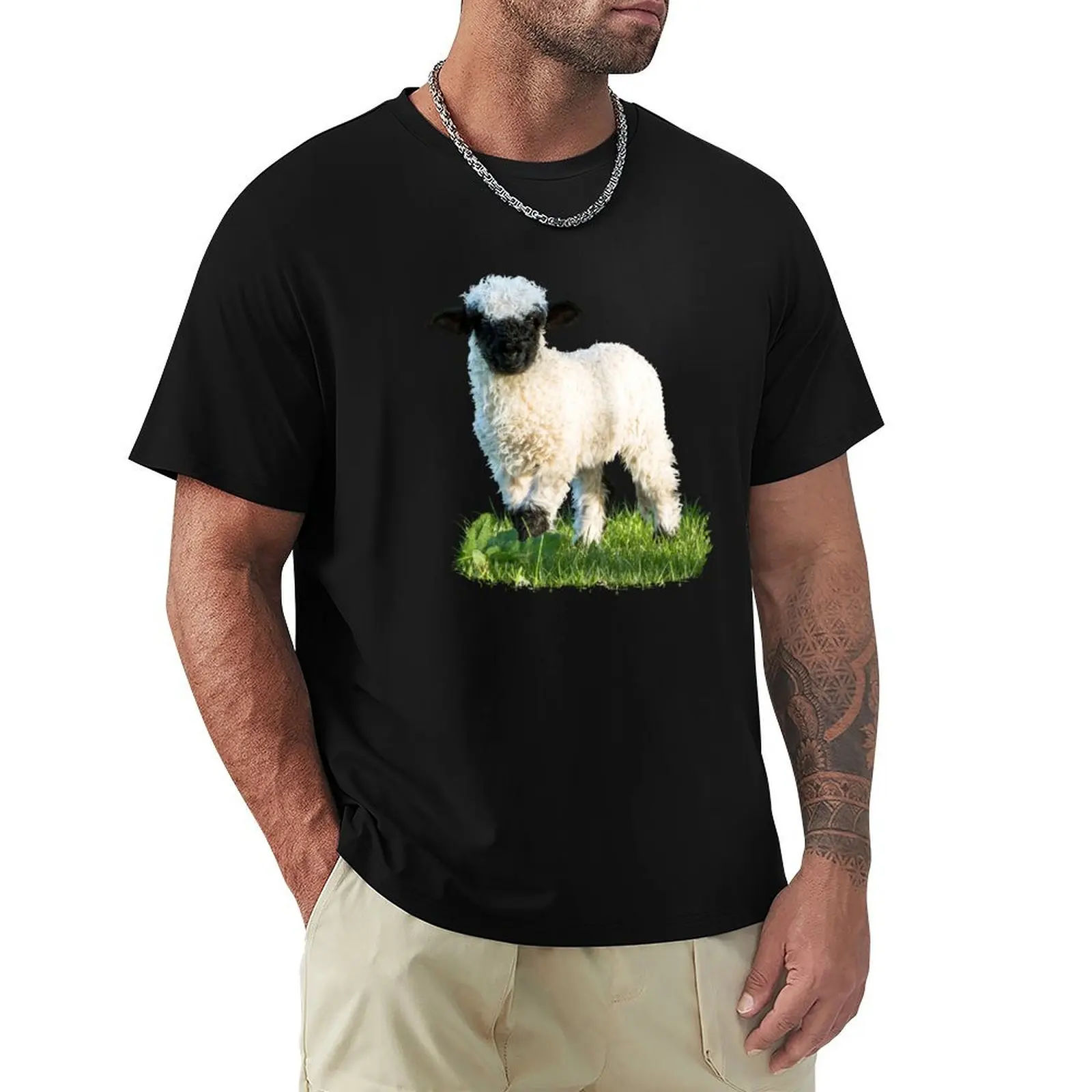 Фото Футболка Valais Blacknose Lamb in a Meadow, заготовки для одежды больших размеров, футболки с аниме, черные футболки для мужчин №1