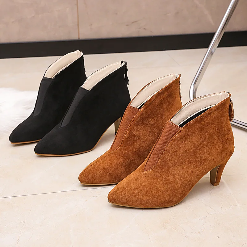 

Women's Boots Winter New Style Fashion Flock Pointed Zipper Fine Heel High Short Tube Shoe Plus Size 35-43