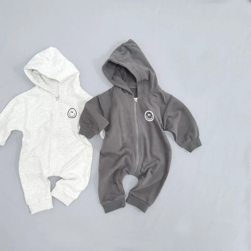 

2022 Autumn New Baby Smiley Zipper Long Sleeve Romper Girl Infant Cartoon Hoodie Jumpsuit Boy Toddler Casual Loose One-piece