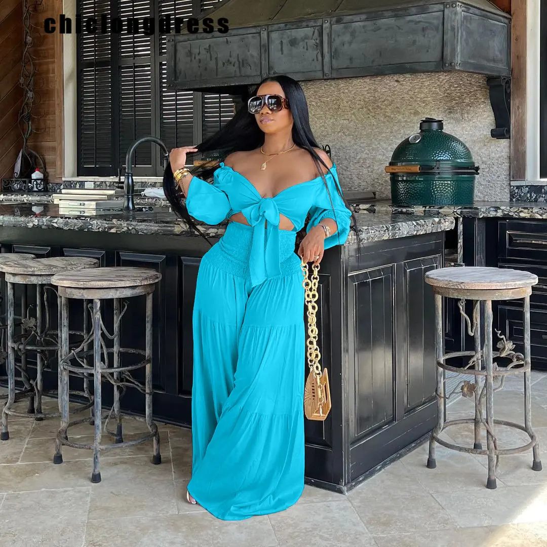 

Женский пляжный комплект из двух предметов, элегантная Однотонная рубашка на шнуровке с широкими штанинами, комплект из двух предметов, лето