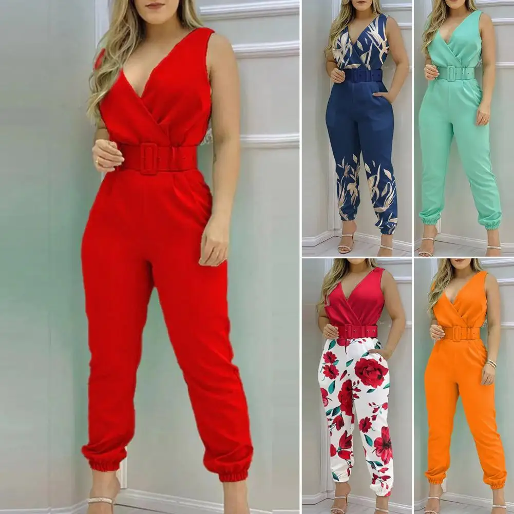 

Women Popular V Neck Patchwork Jumpsuit Temperament Ladies Jumpsuit Red Flower Print for Banquet