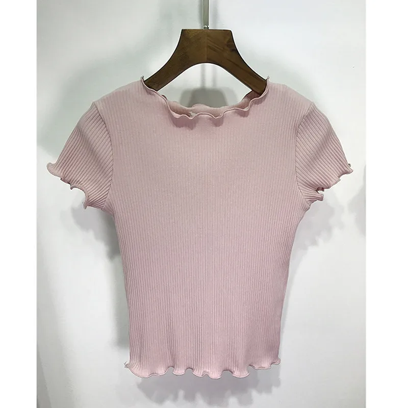 

Tees Women Ruffled Shirt Trimmings Ribbed Crop Tops Solid Fashion Short Sleeve Soft And Stretchy Short T-shirt Female Crop Tops