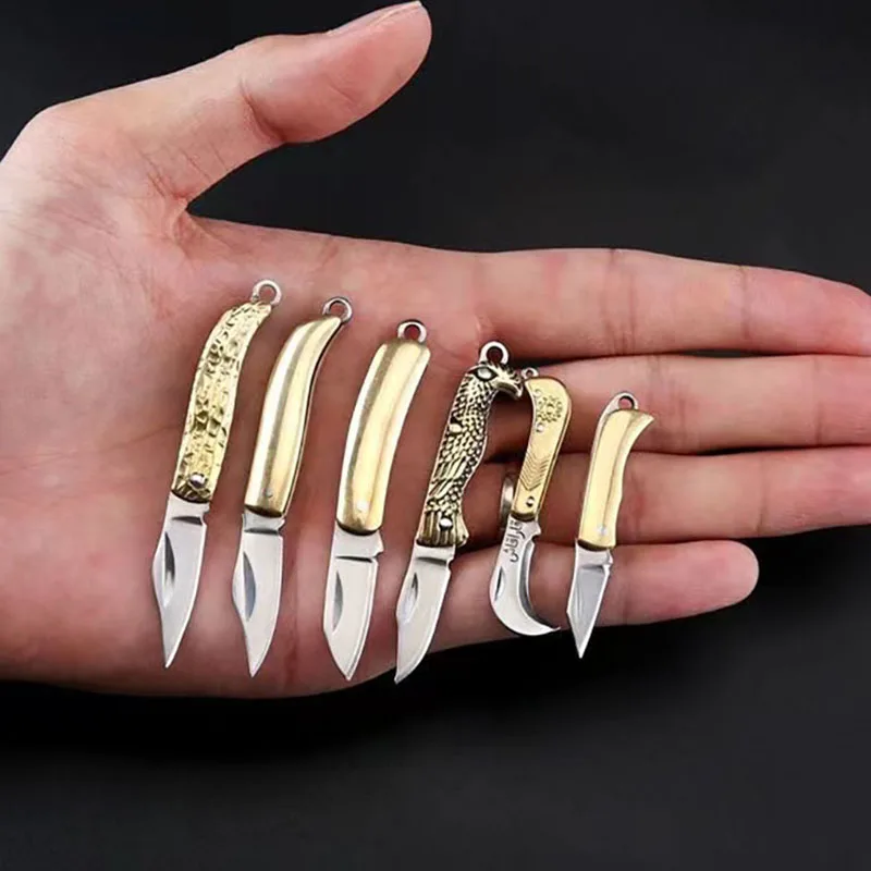 

Portable Mini Pocket Knife Brass Folding Knife Keychain Pendant Fruit Peeling Knife Cleaver Blade Practical Kitchen Tool