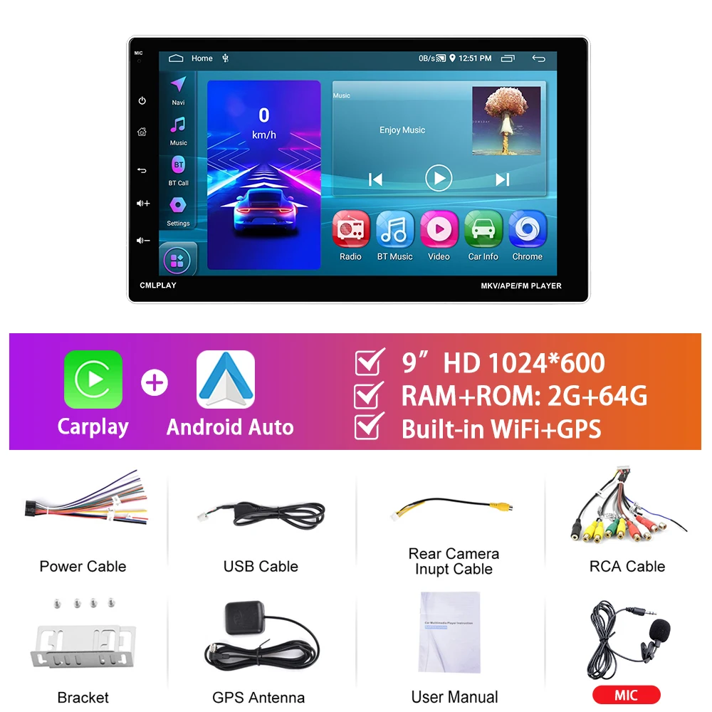 

Автомагнитола Podofo, мультимедийная система на Android, с 9 "экраном, 2 Гб ОЗУ, 64 Гб ПЗУ, Wi-Fi, GPS Навигатором, Типоразмер 1DIN