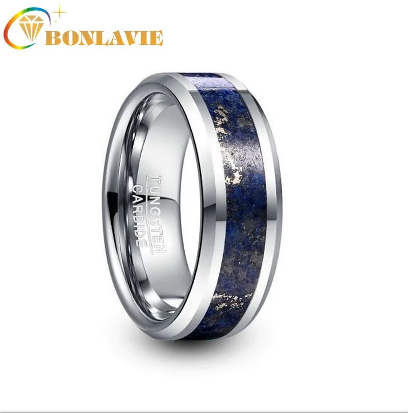 

BONLAVIE 8mm Tungsten Carbide Ring Steel Color Inlaid Lapis Lazuli Punk Men Jewelry Men's Ring Wedding Engagement
