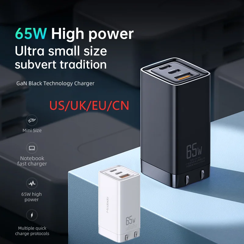 

65W GaN Fast charger USB C Fast Wall Charger 3-Port Charging Block Power Adapter Foldable Travel Plug for Laptop Tablet Phone