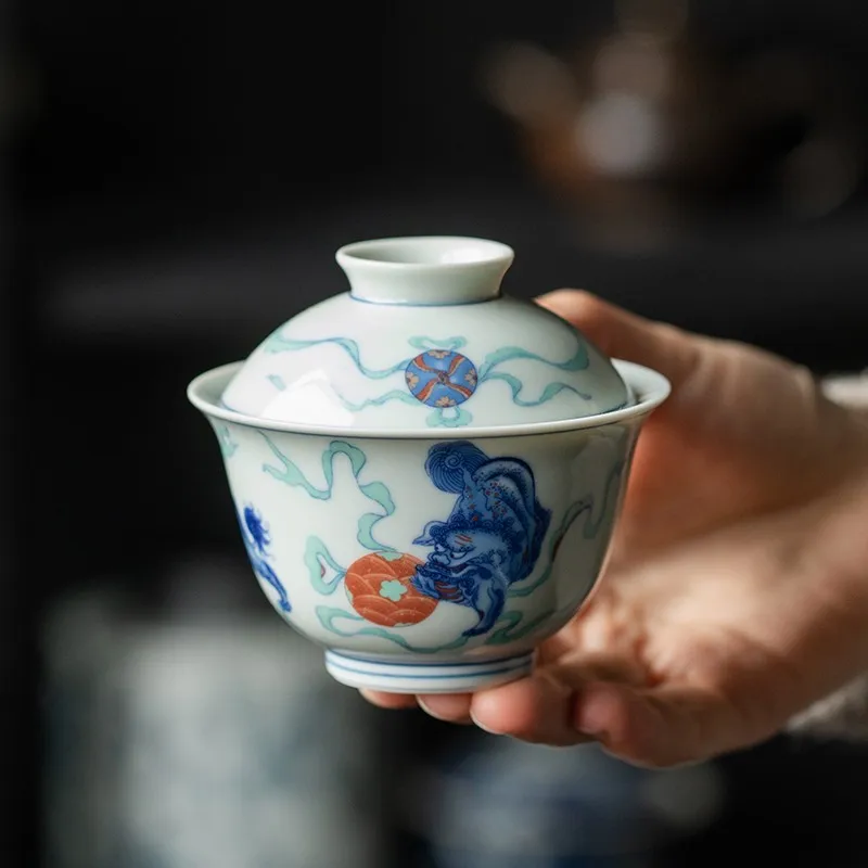 

3 Style Lion Porcelain Gaiwan For Tea Blue Tureen With Lid Teaware Kung Fu Tea Set Cup Peacock Bowls Chawan