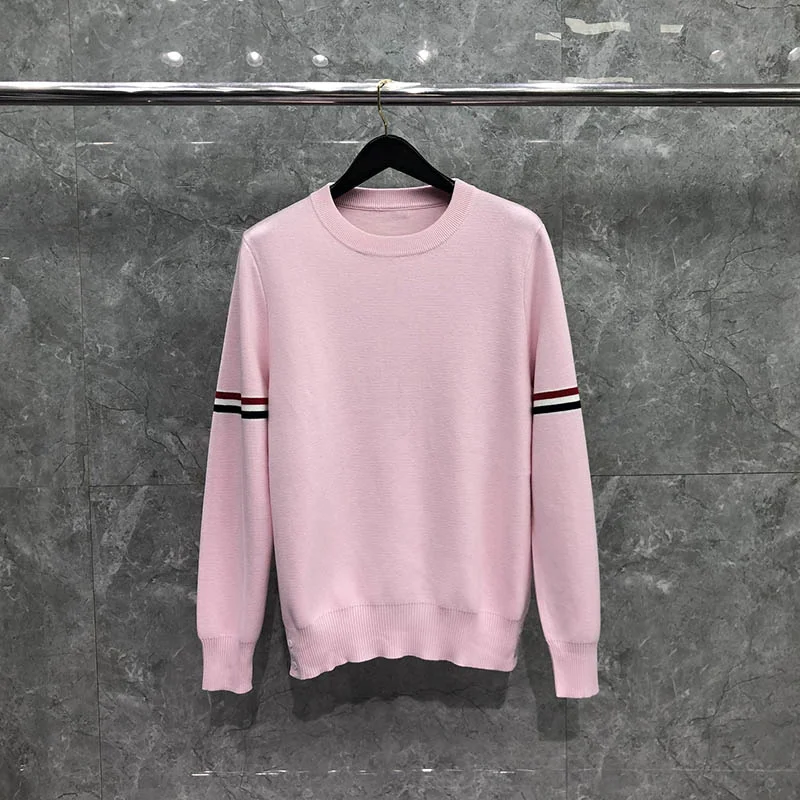 THOM Autunm Winter Men's s Fashion Brand Clothing Cotton Armband Stripe Crewneck Pullover Pink TB Sweater