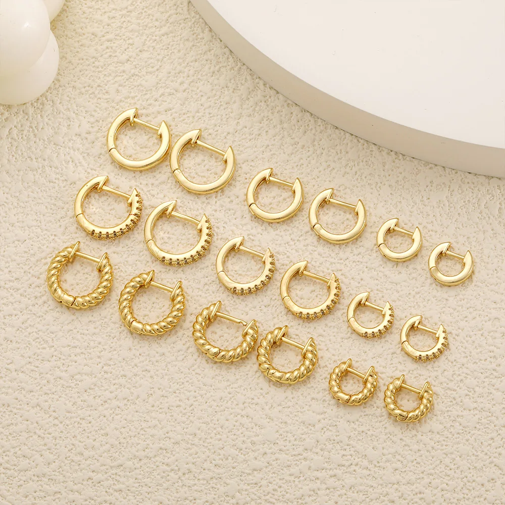 Серьги-кольца женские золотистые с микро-инкрустацией из циркона 12/14/16 мм