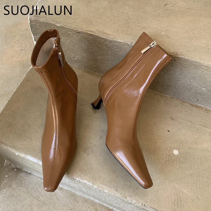 

SUOJIALUN 2022 New Arrivals Women Ankle Boots Pointed Toe Short Boots High Quality Soft Leather Thin Low Heel Ladies Chelsea Sho