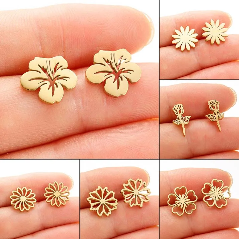 Серьги-гвоздики Shuangshuo из нержавеющей стали с цветком для женщин