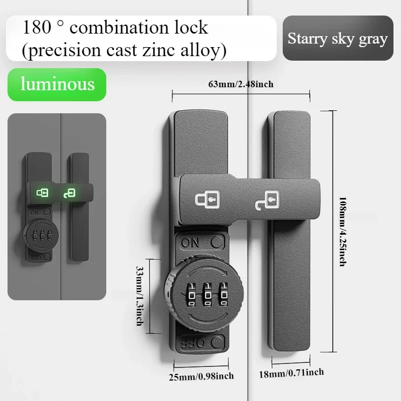 

Замок 3-значный контактный замок, светящиеся в темноте липкие гвозди, двойного назначения, шкаф, раздвижная дверь для ванной комнаты, защита от кражи 90 ° /180 ° Установка