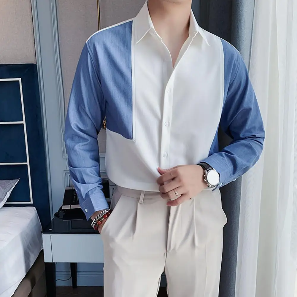 

Рубашка мужская с отложным воротником, однобортная блуза в стиле пэчворк, длинный рукав, свободный деловой Топ, новый дизайн, весна