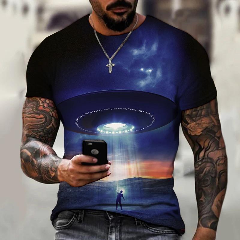 

Science Fiction UFO Spaceship Outer Space Technology Personality Trend Men's Summer 2021 New Oversized T-shirt