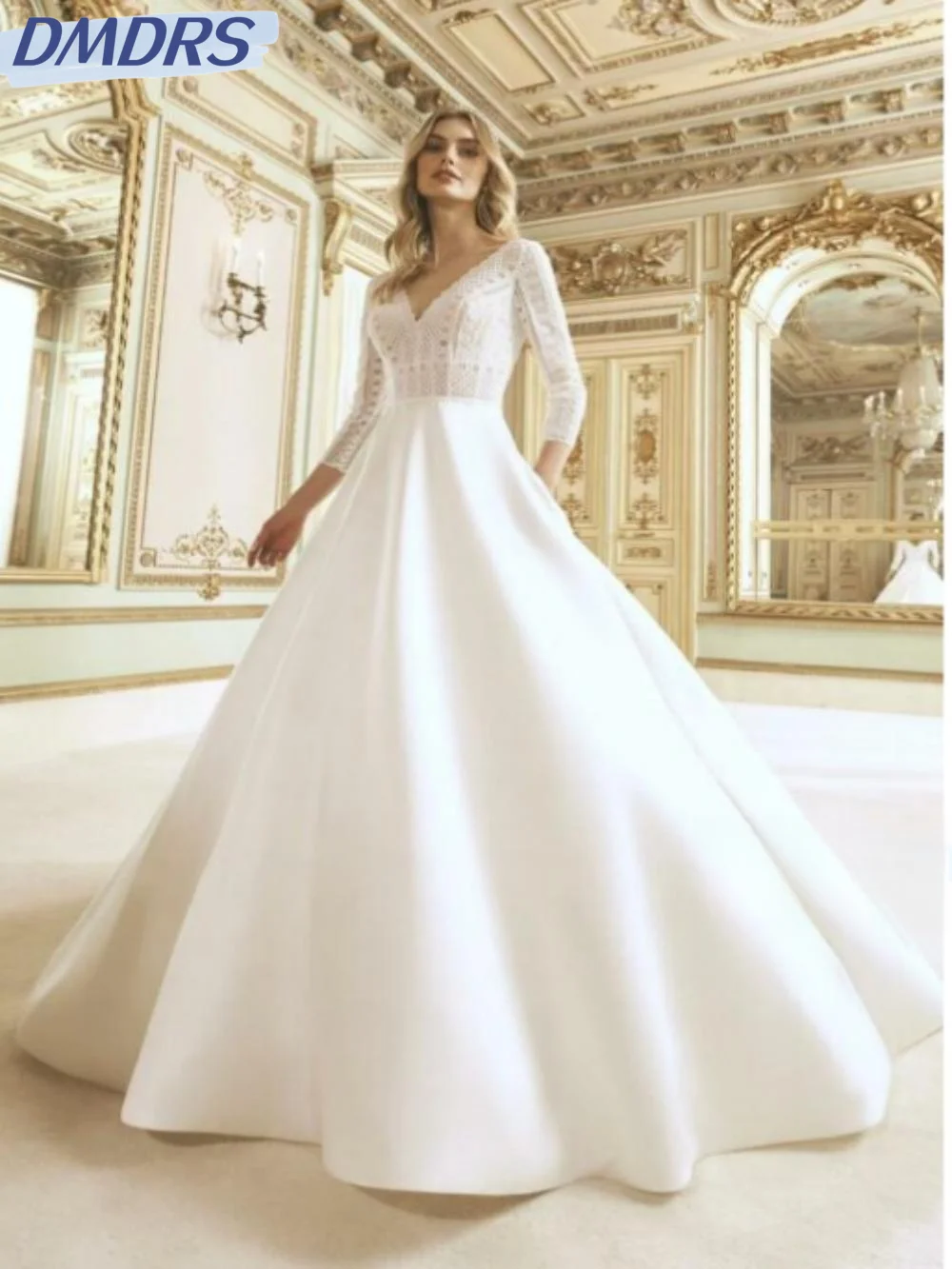 

Sexy V-neck Backless Bride Robe Simple Elegant Lace Bridal Gown Classic Satin A-line Long Wedding Dress Robe De Mariée