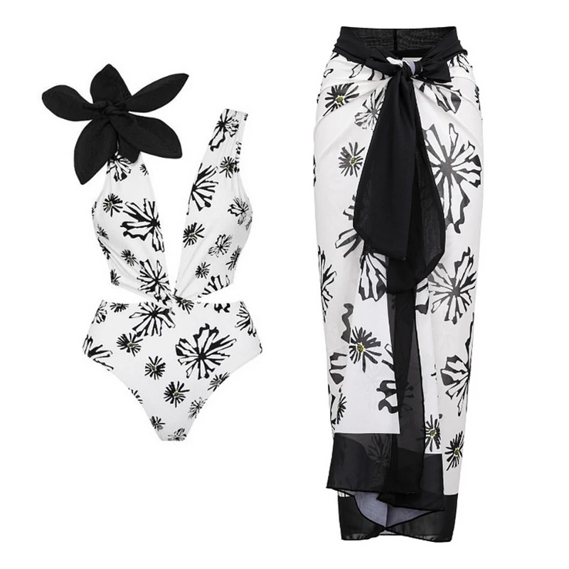 

Swimsuit From One Piece Pareo Beach Women Dress Korean Style 2023 New Tong Heavy Sexy Female Flower Print Polyester Swimwear