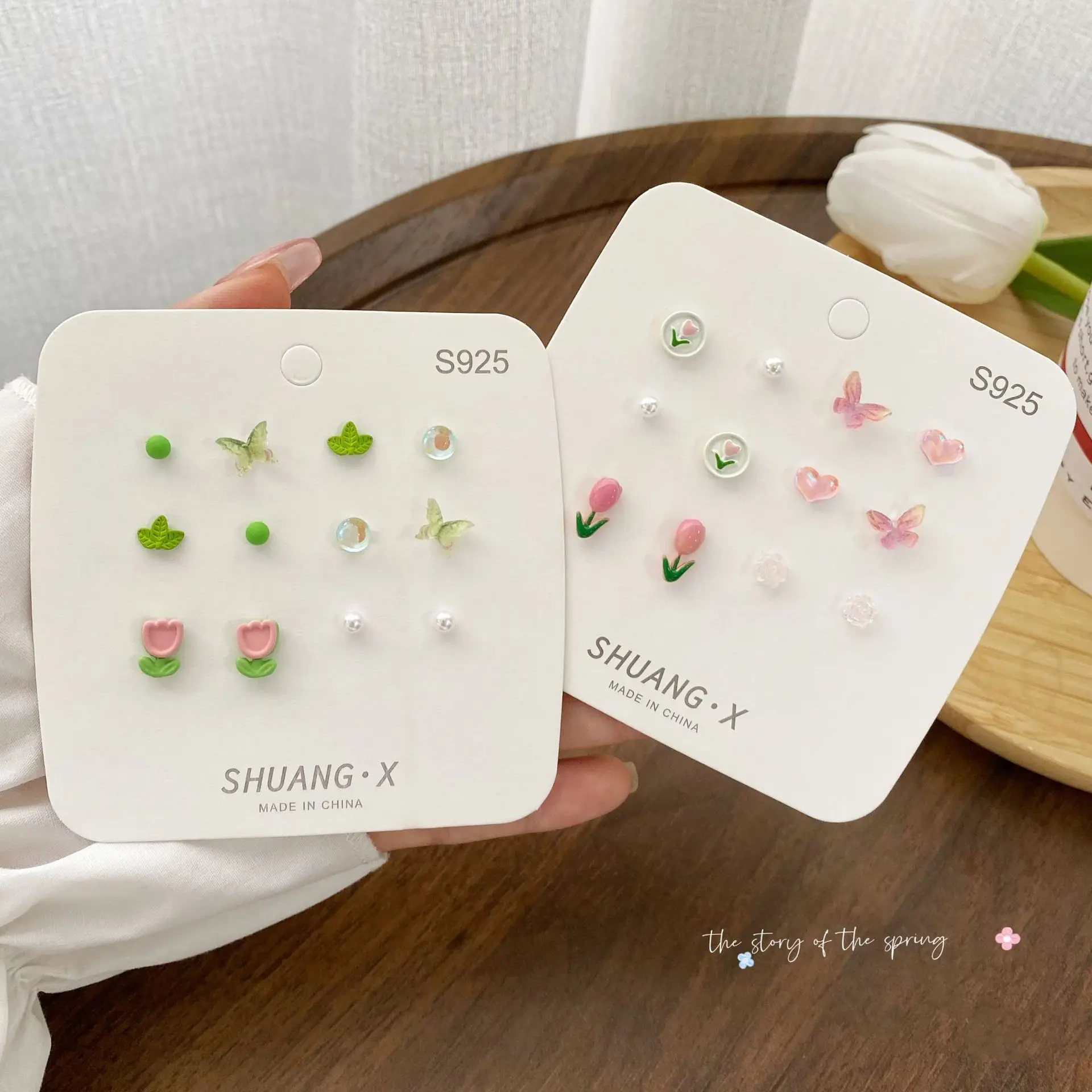 

6 pairs Fairy Tulip Earring Set Female New 925 Silver Daily Gentle Butterfly Earrings Girl Cute Sweet Ear Studs Fashion Gifts