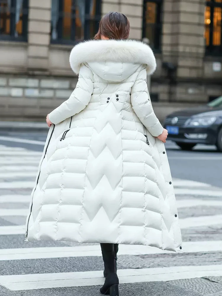 New Women Winter Down Coat Fashion Hooded Real Fox Fur Collar Lengthened Down Jacket Thicken Warm Slim White Duck Down Overcoat
