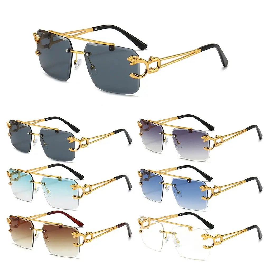 

Punk Sun Glasses with Lion Decor Vintage Square Rimless Sunglasses for Women Men Vintage Gradient Shades UV400 Eyewear