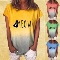 women fashion cat printed top summer gradient color tee shirt casual round neck short sleeve top ladies loose t shirt